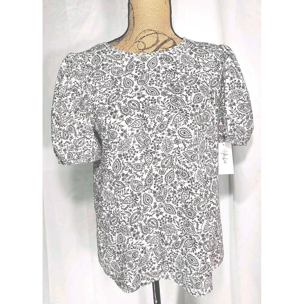 Style And Co Women's Black White Floral Bubble‎ Sleeve Top Size Large